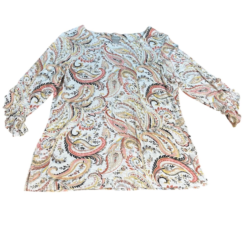 Chico's White Pink Paisley Print Shirt Multicolor 3/4 Ruffle Sleeve Women's 1 M